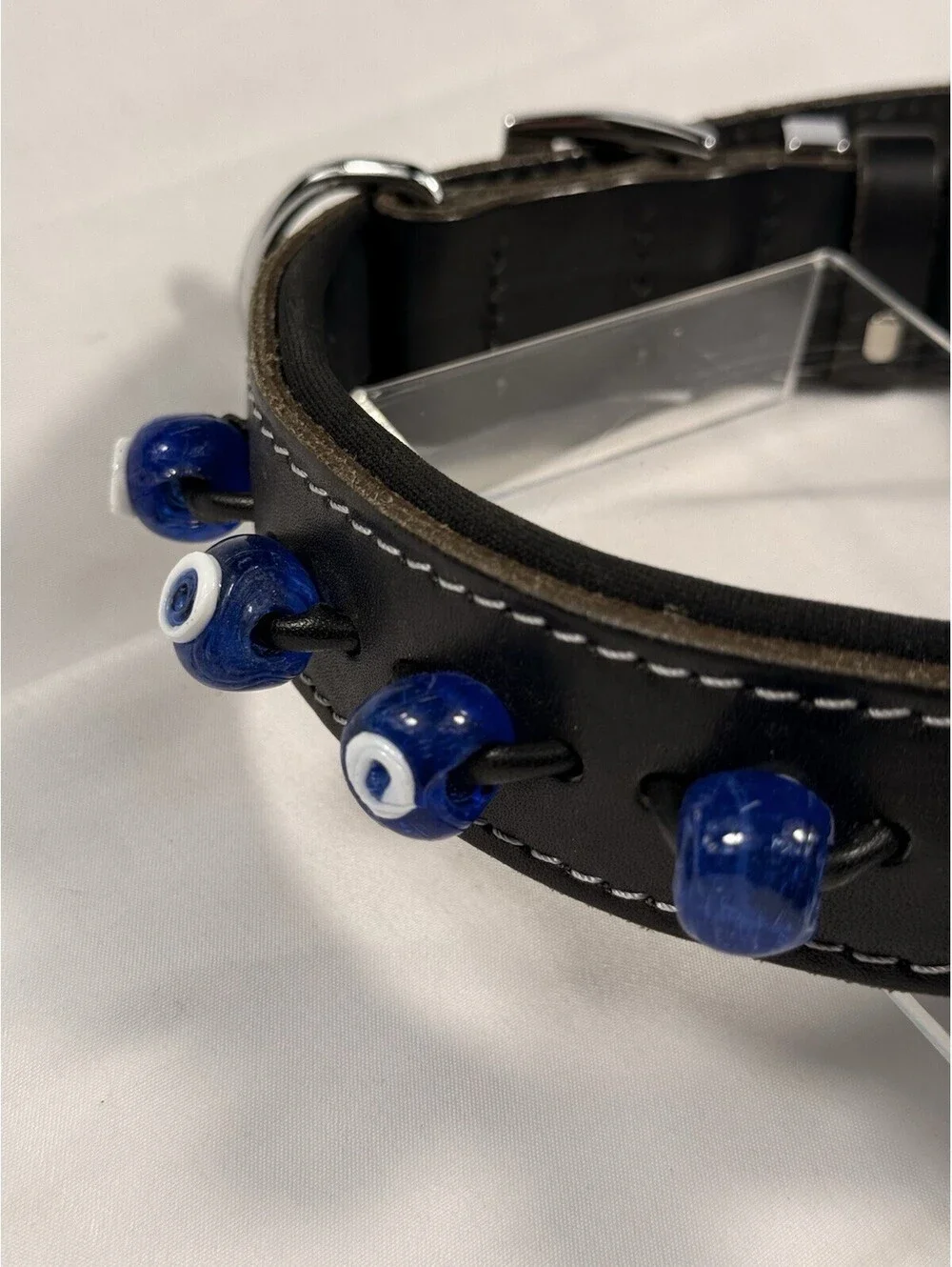Leather Dog Collar Top Quality Padded Neck W/ Blue White Round Beaded Look